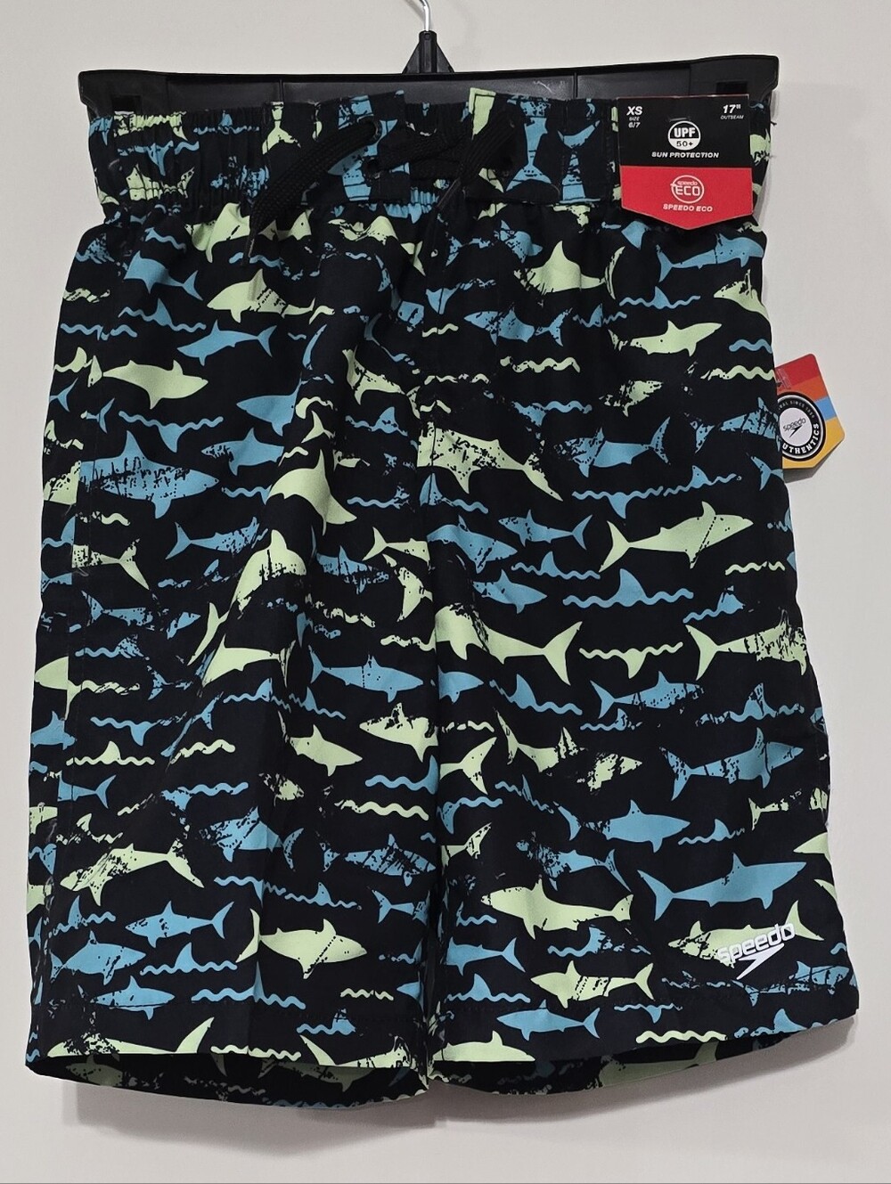 #6116 Speedo Boys' Black Swim Trunks with Blue & Lime Shark Print